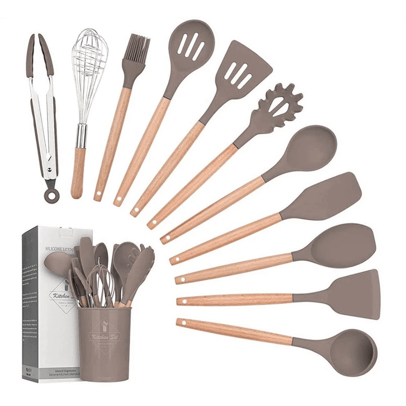 Kit Utensílios de Cozinha 12 Peças Silicone com Suporte, Livre de BPA